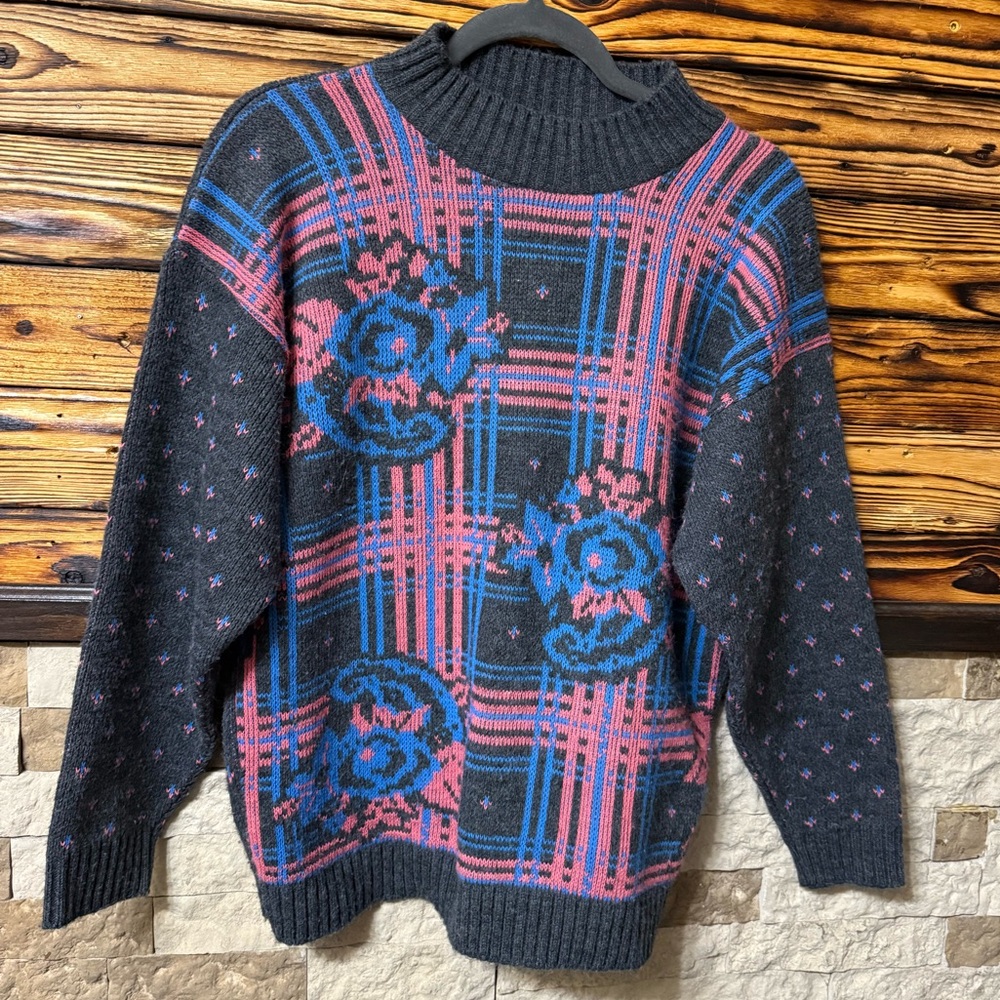 Cabin Creek Vintage 1990's Gray Plaid Sweater with Pink and Blue Accents Small